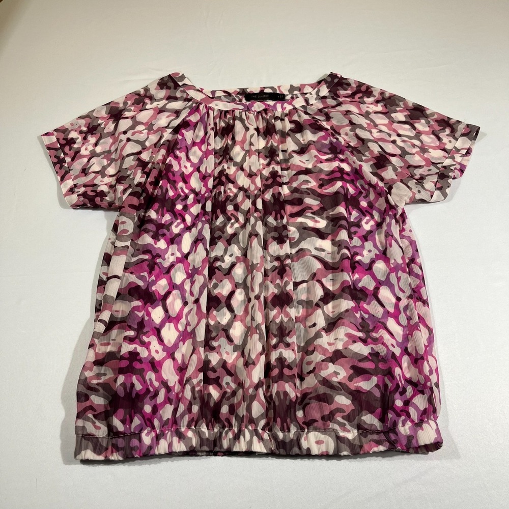 The Limited Tunic Blouse Small Pink Purple Abstract Chiffon Short Sleeve